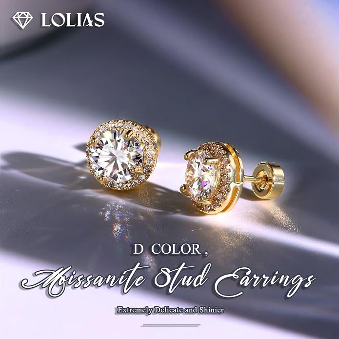 Moissanite Stud Earrings with Flat Back - 925 Sterling Silver D Color VVS1 Moissanite Earring for Women Men,14K White Gold Plated Brilliant Halo Stud Earrings Hypoallergenic Jewelry for Sensitive Ear