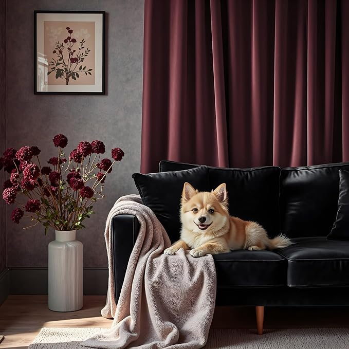 Ruby Wine Velvet Curtains 84 Inch Length for Living Room 2 Panels Back Tab Pocket Luxury Drapes Thermal Insulated Darkening Curtain for Girls Bedroom Vintage Victorian Decor Dark Purple Red 52x84 Long