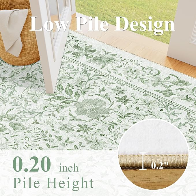 DUKINO 2x4 Rug, Washable Vintage Floral Bathroom Runner Rug, Sage Green | Non Slip, Low Pile, Stain Resistant, Aesthetic Lightweight Soft Indoor Carpet for Kitchen Entryway Hallway Bathroom Bedroom