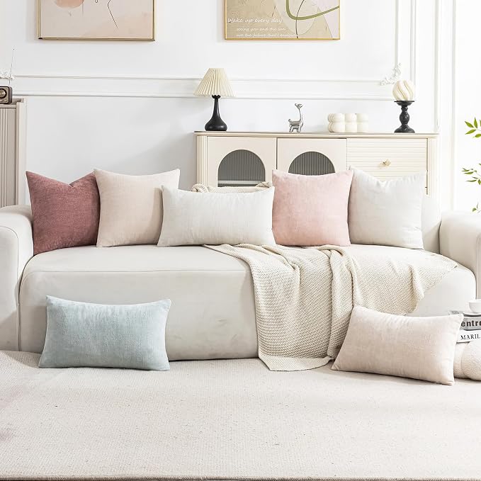 Set of 4 Soft Textured Decorative Throw Pillow Covers 18x18 Inch Cozy Farmhouse Cushion Cover Square Accent Pillow Cases for Bed Couch Sofa Living Room, Light Pink