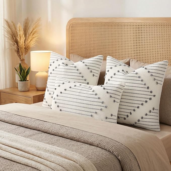 Mecatny Boho Summer Outdoor Throw Pillow Covers 22X22 Set of 2, Farmhouse Decorative Pillow Covers for Couch Sofa Living Room, Grey & Cream White