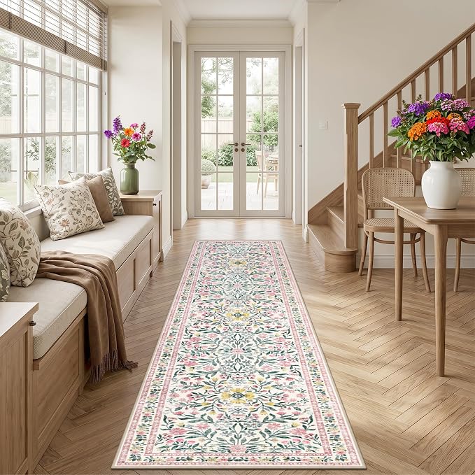 Runner Rug for Entryway: 2.6x10 Kitchen Rugs Non Slip Washable Ultra-Thin Soft Floral Carpet Indoor Floor Stain Resistant Carpets for Hallway Bedroom Kitchen Laundry Bathroom Dorm Pink/Green