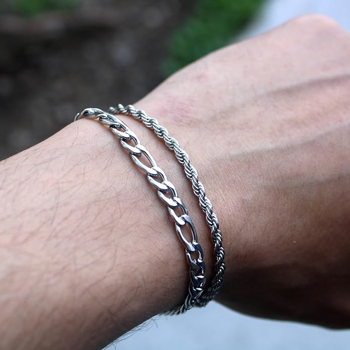 Mens Bracelet - Dainty Gold/Silver Chain Bracelet Stack 14K Gold Plated Silver Bracelets for Men Stainless Steel Adjustable Cross Charm Cuban Link Bracelet Snake Jewelry Set to Men Dad Birthday Day