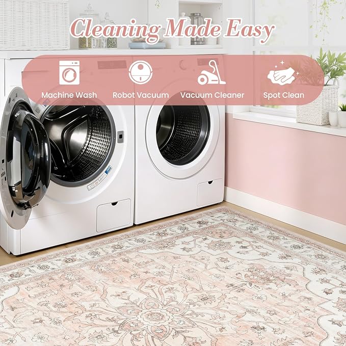 Washable Rugs for Living Room Bedroom, 5x7 Area Rugs for Kitchen Office Nursery, Non Slip Low Pile Rug Indoor, Vintage Boho Print Floral Carpet, Pink