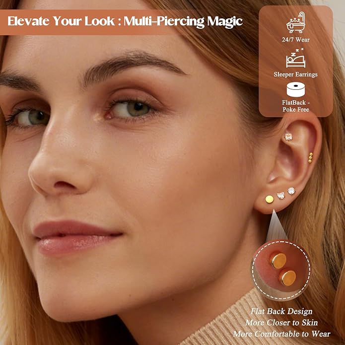 MILACOLATO 13 Pairs Silver Earrings Set for Women - 14K Gold Plated Cartilage Studs Huggie Hoop Earring Stacks for Multiple Piercing Hypoallergenic Surgical Stainless Steel Flat Back Earrings for Sensitive Ears