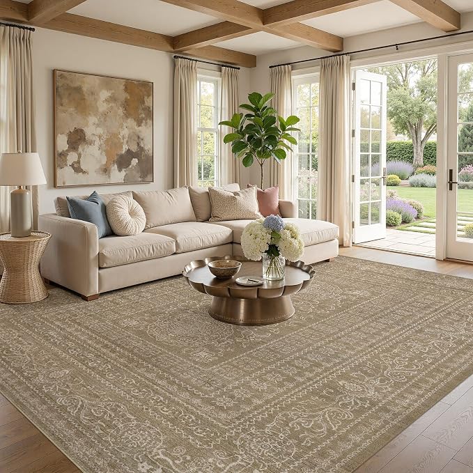 Nakagishi 7x10 Area Rugs Living Room: Washable Large Vintage Rug Neutral Non-Slip Soft Stain Resistant Indoor Carpet for Bedroom Nursery Dining Room Office Playroom - Dark Brown
