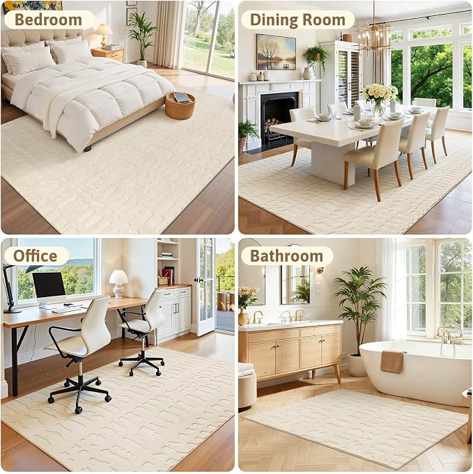 Yamaziot 3x5 Washable Area Rug, High-Low Grid Textured Bedroom Rugs, Soft Fluffy Non-Slip Mats Stain Resistant Contemporary Boho Carpet for Bathroom, Entryway, Office