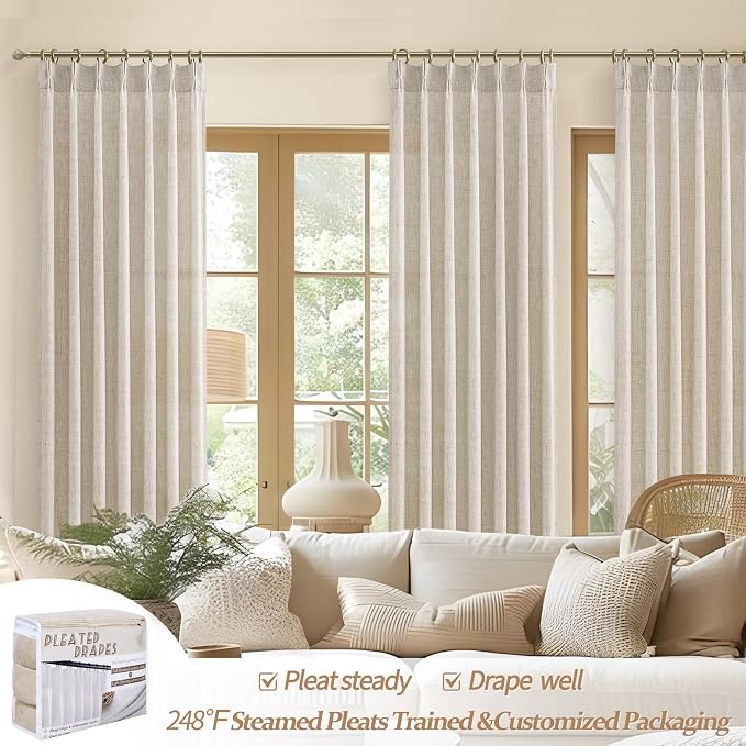 Living Room Semi Sheer Curtains 90 Inches Long 2 Panels Set, Natural Thick Linen Pinch Pleated Curtains Taupe Country Rustic Light Filtering Drape with Hooks Ceiling Track for 88inch Window W40 xL90