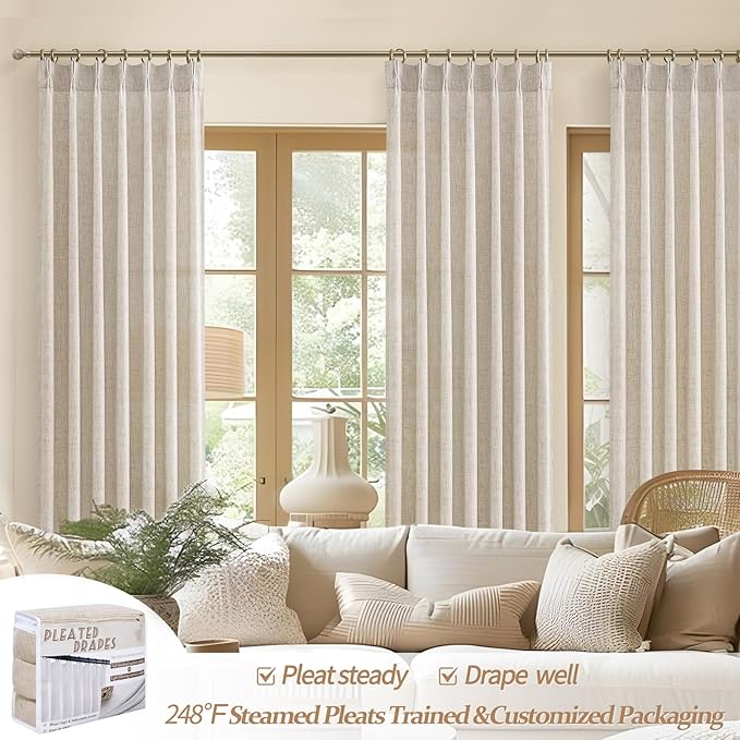 PleatedDrapes Light Filtering Curtains 100 Inches Long for Bedroom 2 Panels Set, Boho Pinch Pleat Natural Linen Blend Sheer Patio Door Curtain with Hooks Back Tab Large Windows Drapes Privacy 8-1/3 FT