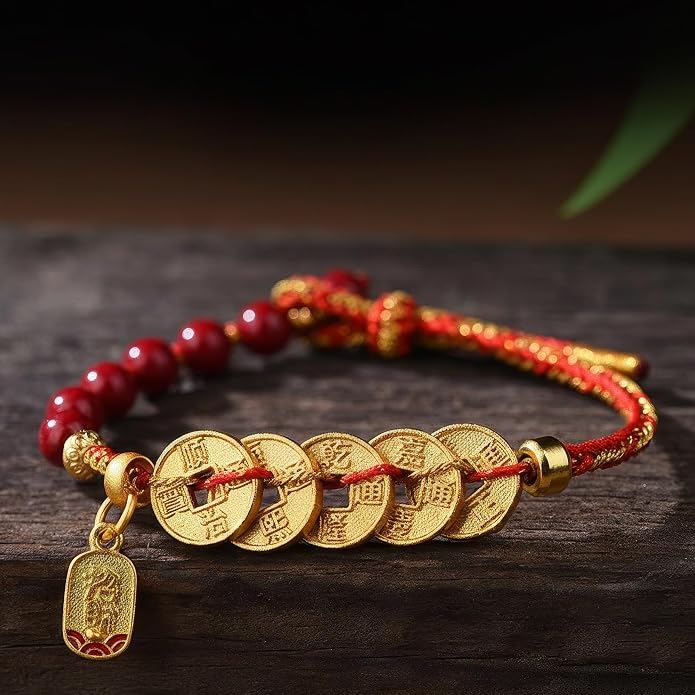 Feng Shui Bracelet with Five Emperor Coins, Beads Amulet for Wealth & Good Luck, Spiritual Protection Jewelry, Adjustable Ha