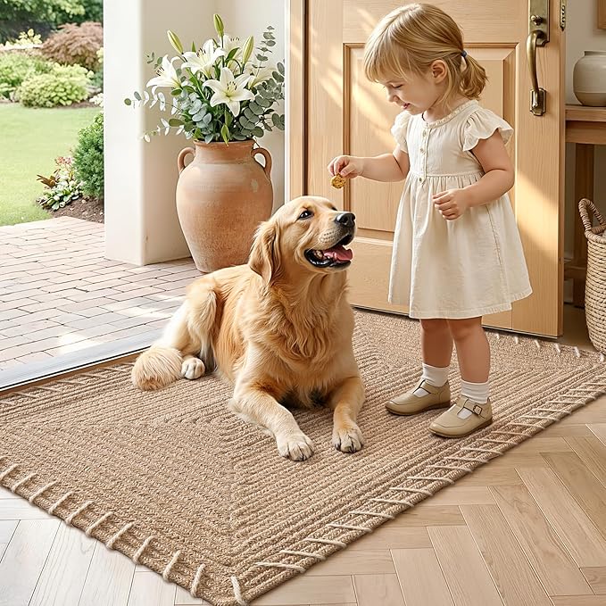 LUMI Indoor Door Mat 24"x36", Non-Slip Handwoven Jute Rug, Classic | Handcrafted Natural Jute Fibers, Reinforced Edges Resist Fraying, 0.3" Low-Profile Doormat, Non-Slip System Included