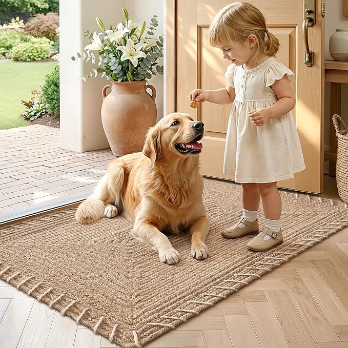 LUMI Indoor Door Mat 20"x32", Non-Slip Handwoven Jute Rug, Classic | Handcrafted Natural Jute Fibers, Reinforced Edges Resist Fraying, 0.3" Low-Profile Doormat, Non-Slip System Included