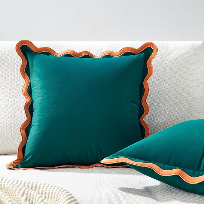 MONDAY MOOSE Decorative Throw Pillow Covers Cushion Cases, Set of 2 Soft Velvet Scalloped Wavy Edge Designs, Mix and Match for Home Decor, Pillow Inserts Not Included (20x20 inch, Coral/Dark Teal)
