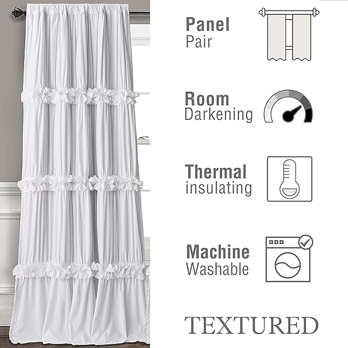 Homechoice Decor White Blackout Window Curtains, 52" W x 96" L x 2 Panels | Boho Ruched Thermal Insulated Window Treatments with 3 Rows of Butterfly Flowers, Rustic Rod Pocket Drapes for Room (LQ-30)