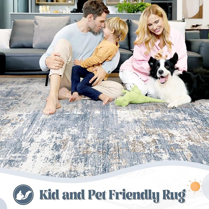 XLUEZ 2.6x8 Runner Rug for Hallway, Washable Modern Abstract Runner Rugs Neutral Soft Non Slip Kids Rug Stain Resistant Indoor Runners for Entryway Bedroom Kitchen Laundry Room(Blue, 2'6''x8')