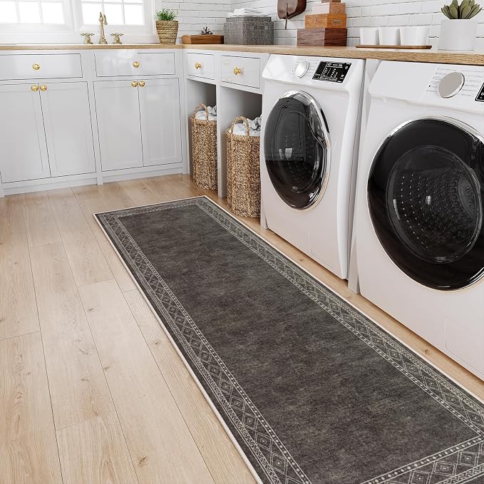 Lahome Modern Bordered Kitchen Runner Rugs Non Skid Washable, 2x6 Rug Runners for Hallways Non Slip Ultra-Thin Carpet for Entryway Laundry Room Bedroom (2x6ft,Brown)