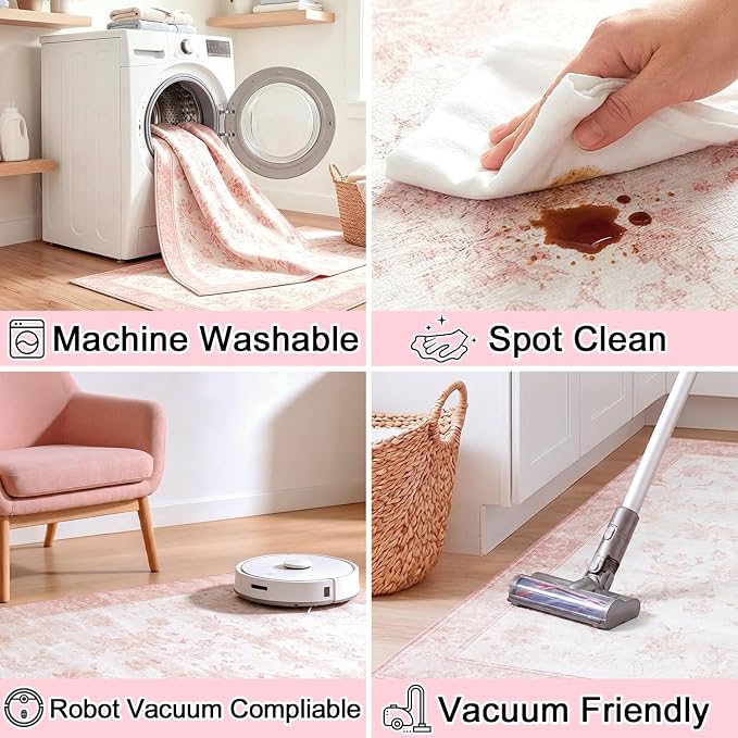 Extra Large Washable Area Rug, 0.3" Low Pile Non-Slip Rug, Cotton-Backed Silicone Grip, Water Resistant Faux Wool Carpet, for Nursery Bedroom Living Room, 9'x12', Blush Pink/White