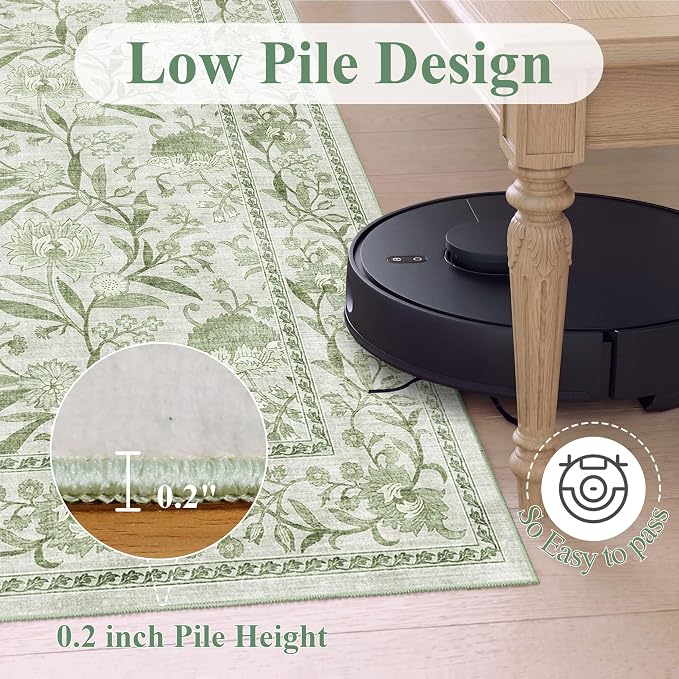 DUKINO 2x3 Rug, Washable Vintage Floral Bathroom Rugs Non Slip, Sage Green | Low Pile, Stain Resistant Boho Soft Indoor Door Mat, Small Front Door Carpet for Entryway Kitchen Laundry Bedroom Farmhouse