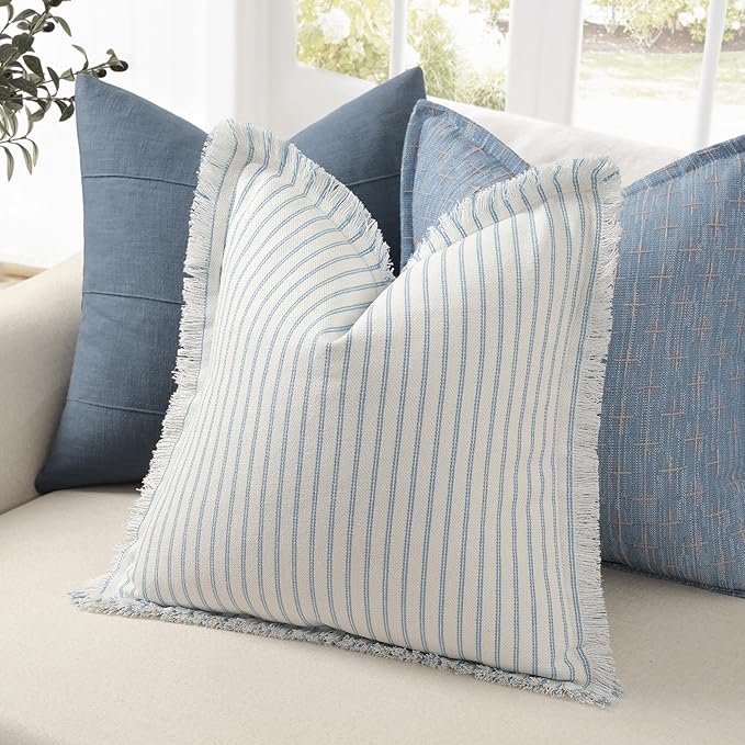 ZWJD Throw Pillow Covers 18x18 Set of 2 Striped Pillow Covers with Fringe Chic Cotton Decorative Pillows Square Cushion Covers for Sofa Couch Bed Living Room Farmhouse Decor (Light Blue)
