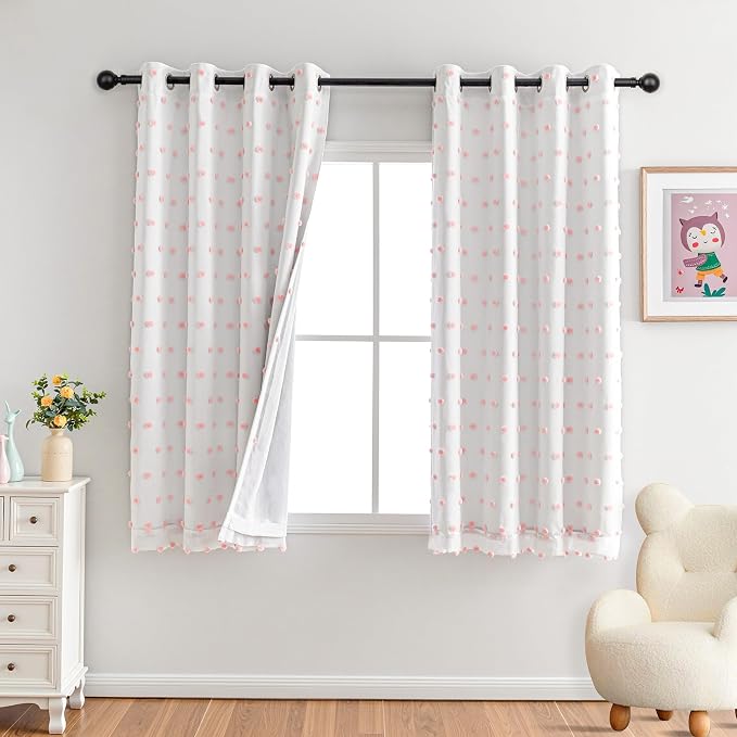 MYSKY HOME Pink Pom Pom Blackout Curtains for Girls Bedroom 63 Inch Long 100% Blackout Curtains for Kids Room 2 Panels Room Darkening Small Window Treatment Grommet 2 Layered Drapes Toddler 52W x 63L