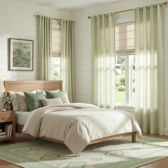 jinchan Linen Curtains 96 Inch Sage Green Stripe on Beige Back Tab 2 Panels | Curtains For Living Room Bedroom,Ticking Stripe, Farmhouse Cottage Core Rustic,Rod Pocket Window Treatment,Light Filtering