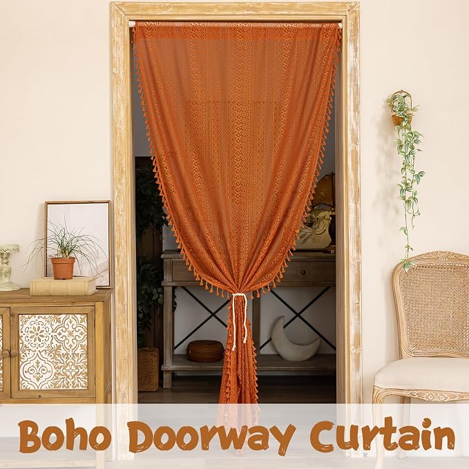 Sutuo Home Terracotta Boho Doorway Curtains for Front Door Closet,Lace Sheer Door Curtains for Doorway Crochet Vintage Chic Tassels Orange Bohemian Privacy Temporary Room Divider Rod Pocket,37" x 80"