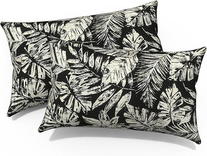 12x20 Inch Outdoor Lumbar Pillow Covers Pack of 2, All Weather Cushion Pillow Cases, Pillowcase for Patio Couch Decoration, Tropical Leaf Black