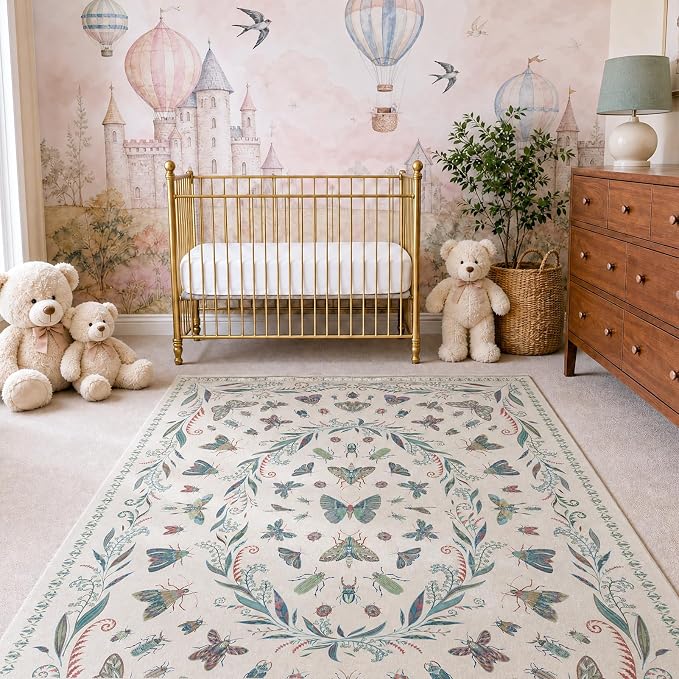 Light Green and Pink Rug 4x6 Rugs for Bedroom Under Bed - Insect Print Multi Color Decor, Low Pile Non Slip Stain Resistant Throw Rug for Nursery Room Boys, Kitchen, Floor Carpet Aesthetic