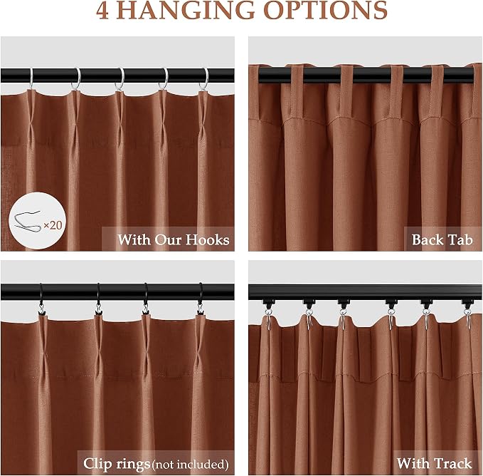 Aersas Rust Linen Pinch Pleated Curtains 96 Inch Length 2 Panels Set for Living Room Boho Country Light Filtering Pleat Curtain Back Tab Dining Room Bedroom Window Drapes 40x96