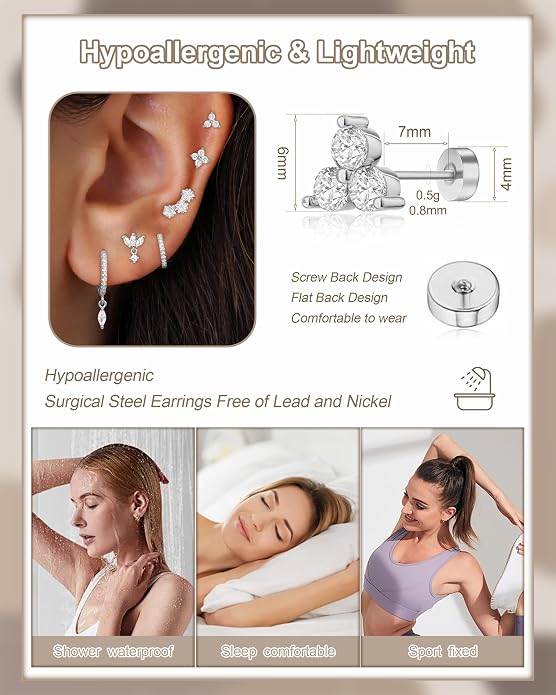 14K Gold Plated Dainty Stud Hoop Earrings for Women 6 Pairs Huggie Hypoallergenic Silver Gold Flat Back Cartilage Stud Earrings Set for Multiple Piercing Luxury Cubic Zirconia Drop Earrings Jewelry Trendy Gifts