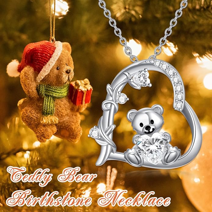 PELOVNY Teddy Bear Necklace for Women 925 Sterling Silver Bear/Highland Cow/Fox/Cat/Axolotl Birthstone Necklace Christmas Birthday Jewelry Gifts for Mom Daughter Wife Sister
