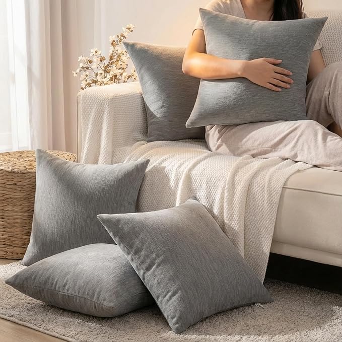 Set of 4 Grey Throw Pillow Covers 18x18 Inch, Neutral Boho Farmhouse Aesthetic Decorative Pillow Cases for Couch, Sofa, Living Room & Bed, Soft Chenille Pillow Cases, Stylish Home Decor, 45x45 cm