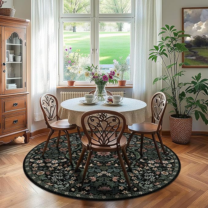 Round Rug 5ft Black Washable Floral Circle Rug,Vintage Boho Botanical Round Area Rugs, Non-Slip Soft Low-Pile Circular Carpet for Bedroom,Kids Room,College Dorm,Home Decor