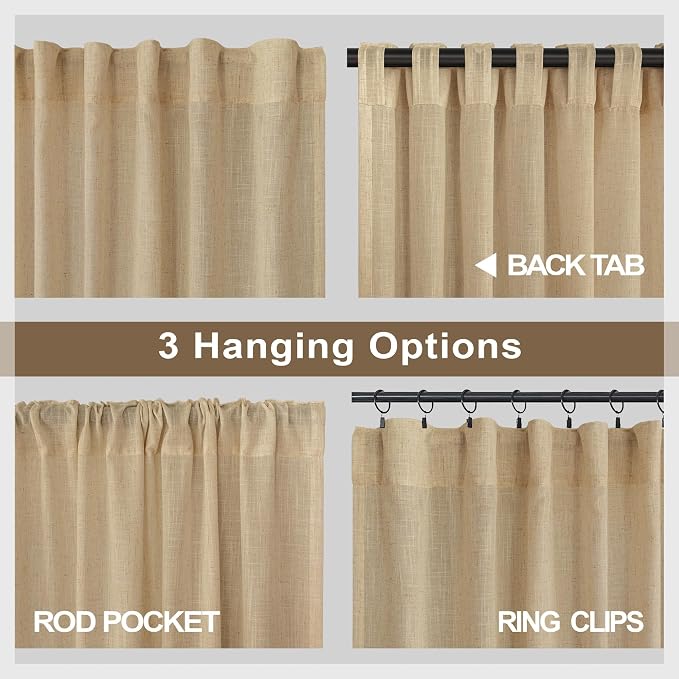 Tan Beige Curtains 96 Inches Long for Living Room 2 Panels Pocket Back Tab Semi Sheer Linen Rustic Neutral Earth Light Brown Room Decor Khaki Taupe Camel Burlap Curtains for Bedroom Cottagecore Fall