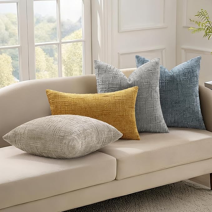 decorUhome Textured Chenille Throw Pillow Covers 12x20 Set of 2 Grey | Fall Modern Farmhouse Soft Cozy Slubby Couch Pillow Cases Boho Decorative Pillow Cases for Bed Sofa Living Room Home Decor