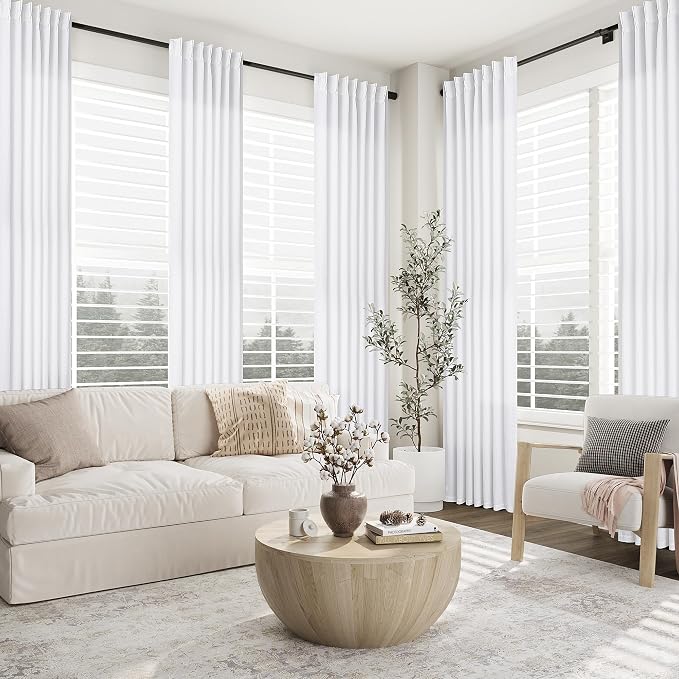 Aersas White Pinch Pleated Linen Curtains 105 Inches Long for Living Room Pinch Pleat Hooks for Track Back Tab Light Filtering Boho Farmhouse Semi Sheer 105 Inch Curtain for Dining Room Bedroom