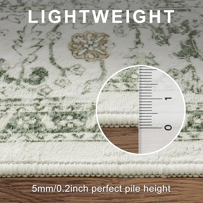 LIVEBOX Sage Washable Vintage Area Rug 3x5 Non-Slip | Low-pile design, machine washable, distressed print, perfect for entryway, bedroom, kitchen, foyer and laundry room