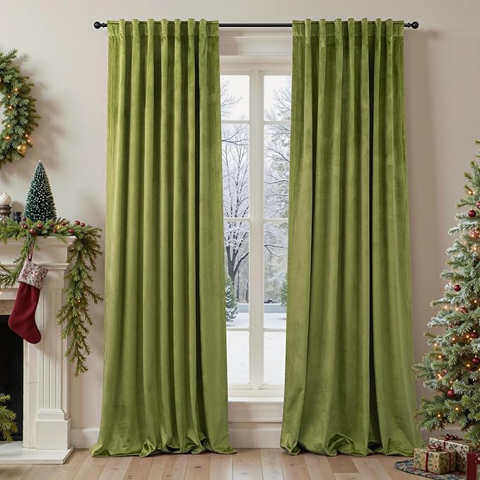 Moss Green Velvet Curtains 84 Inch Long 2 Panel Thick Soft Luxury Sage Olive Green Curtain for Living Room Darkening Thermal Insulated Privacy Drape Bedroom Sliding Door 52x84 Floor Length Back Tab