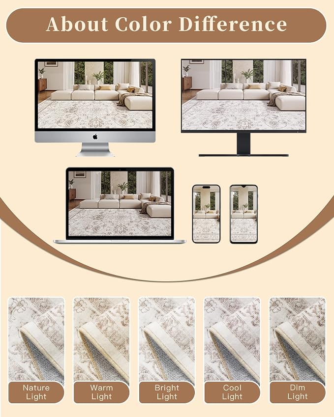 Madane 3x5 Area Rugs for Entryway,Washable Vintage Low Pile Non-Slip Throw Area Rugs, Accent Rug Floral Print Indoor Mat for Bedside Living Room Kitchen Bedroom, Brown/Ivory
