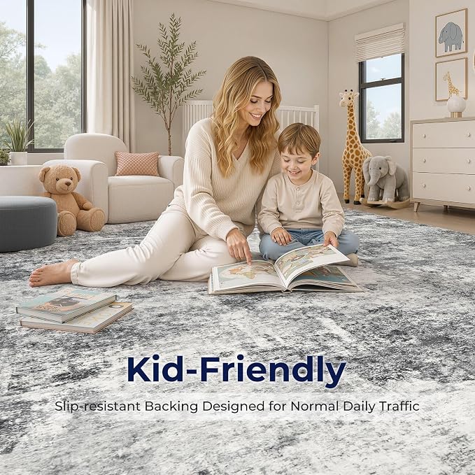 DMOYEST 4x6 Area Rug - Washable & Non Slip Indoor Rug for Living Room, Ultra Soft Abstract Low Pile Carpet, Kid & Pet Friendly Neutral Decor for Bedroom - Grey