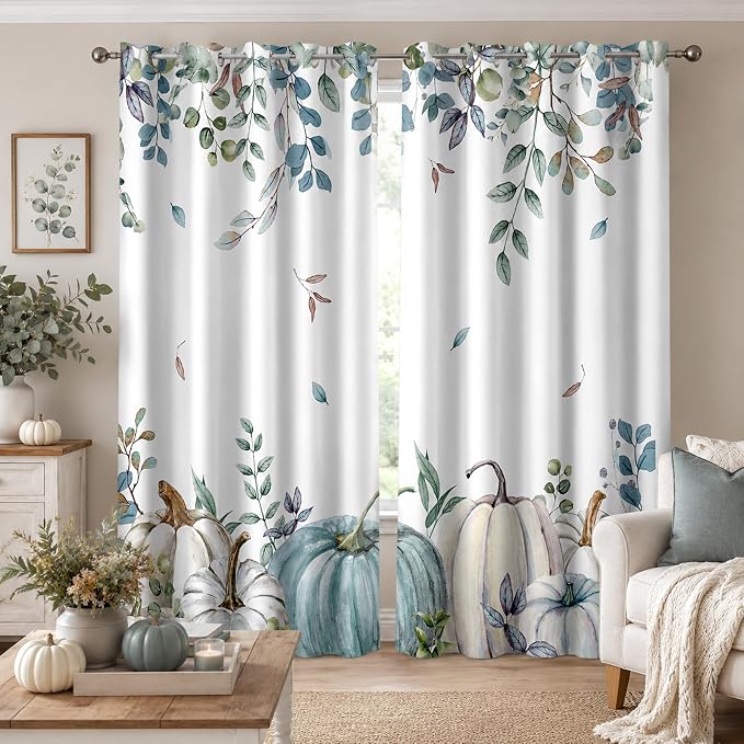 Blue Pumpkin Window Curtains 52 x 63 in, Fall Farmhouse Drapes with White Pumpkin Eucalyptus Leaf Print, Watercolor Autumn Curtains for Bedroom Living Room