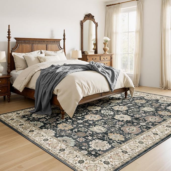 AMADA HOMEFURNISHING 8x10 Area Rug for Living Room, Vintage Washable Area Rug Low-Pile & Non-Slip Carpet for Bedroom Dining Room Nursery Home Office, Black/Brown