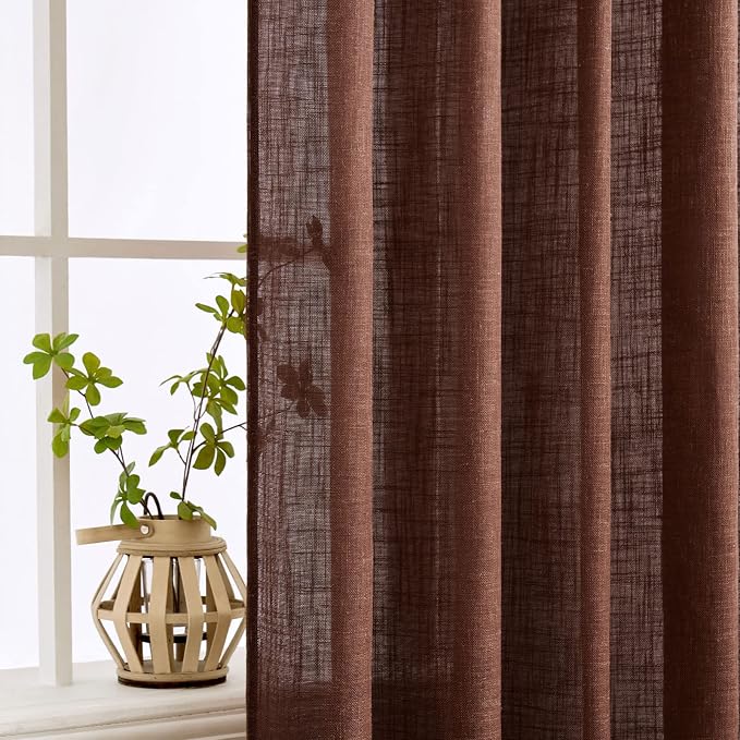 MIULEE Chocolate Brown Linen Curtains 63 Inch Length 2 Panels for Bedroom Living Room, Soft Thick Linen Textured Kitchen Window Drapes Semi Sheer Light Filtering Back Tab Rod Pocket Burlap Look Decor