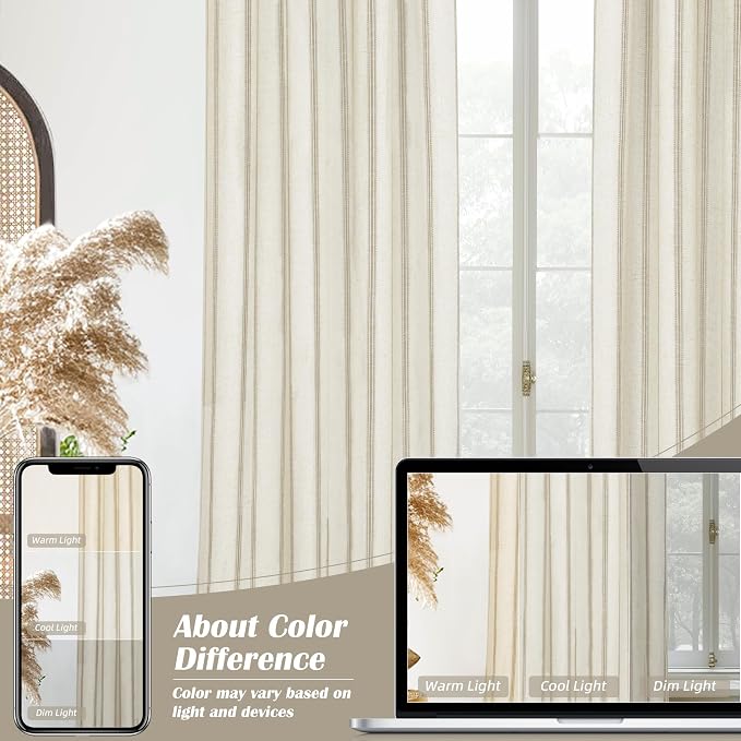 DriftAway Farmhouse Linen Stripe Blackout Curtains, Grommet, W52xL54, Beige | Blackout, Linen Texture, Stripe Pattern, Rod Pocket & Back Tab, Two Layers, Bedroom Living Room Use, Sound Reducing Design