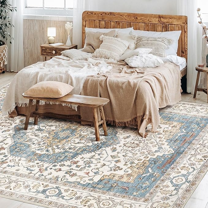 9x13 Area Rugs for Living Room - Large Carpet Ultra Thin Soft Washable Oriental Vintage Floral Distressed Rug Big Indoor Carpets for Bedroom Nursery Dorm Home Decor Aesthetic - Blue/Beige