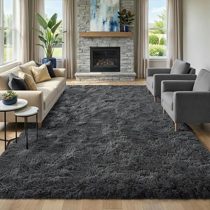 Fluffy Rugs for Living Room: Dark Grey Soft Shag Rug for Bedroom, Large Fuzzy Plush Indoor Floor Carpet Non Slip Modern Rug for Nursery Boys Girls Kids Room Playroom Dorms Home Decor, 9x11 Feet