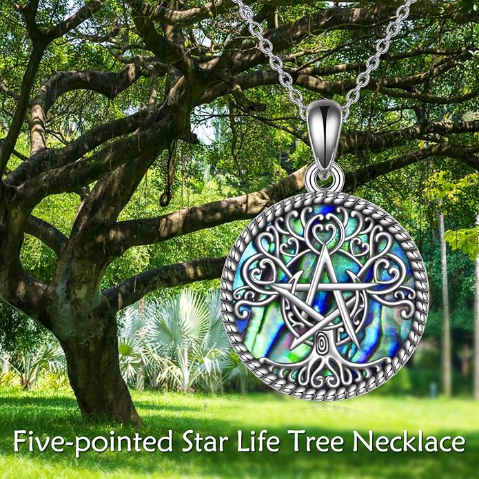 YFN Triple Moon Goddess Necklace Sterling Silver Pentagram Pentacle Opal Pendant necklace Pagan Wiccan Magic Amulet Tree of Life Jewelry for Women Men 18"
