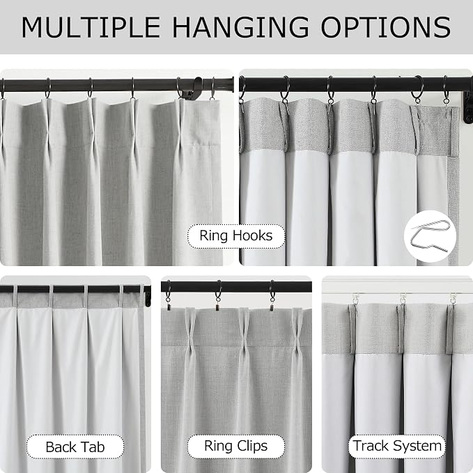 Vision Home Light Gray Pinch Pleated Full Blackout Curtains Linen Blended Room Darkening Curtain Panels 63 inch for Living Room Bedroom Thermal Insulated Pinch Pleat Drapes with Hooks 40" Wx63 Lx2