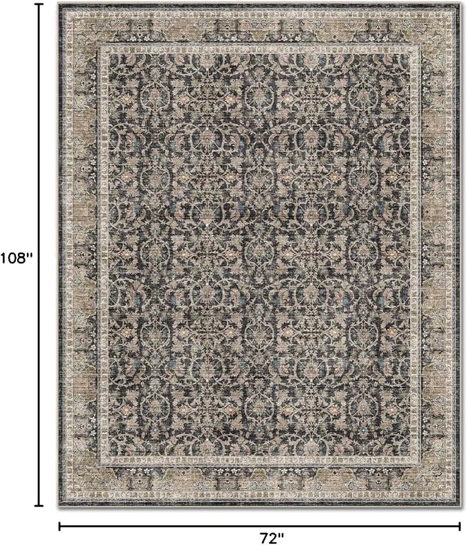 Boho Washable 6x9 Area Rugs for Living Room, Cushioned, Black/Navy Blue | Vintage Non-slip Neutral Oriental Rugs for Bedroom Dining Room Nursery Office High Traffic Area