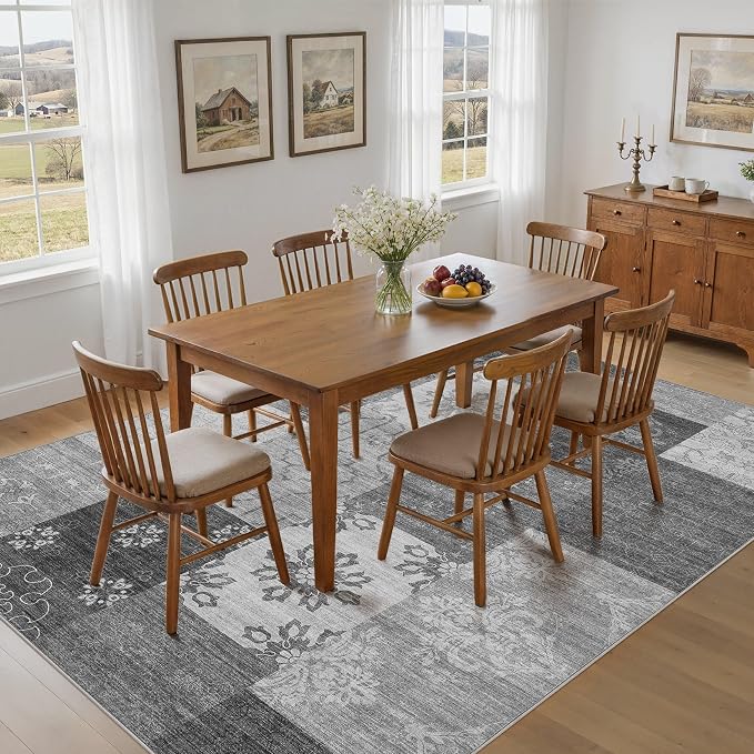 UERMEI 5x7 Area Rug for Living Room - Washable Vintage Carpet, Non-Slip Soft Large Indoor Floor Rugs for Bedroom Home Office & Under Dining Table Decor, Gray Block